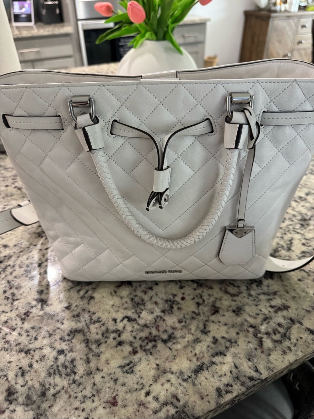 Michael Kors White Quilted Leather Tote with Braided Handles